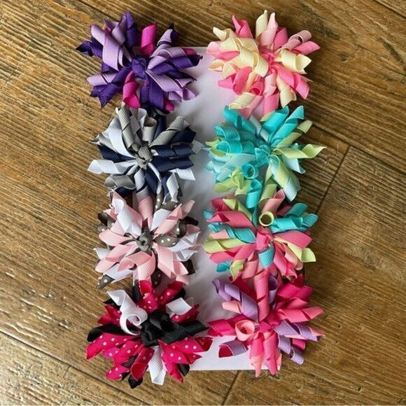 Handcrafted Curly Grosgrain Ribbon No-Slip Hair Bows Bundle Set of 8 NEW - Picture 1 of 5